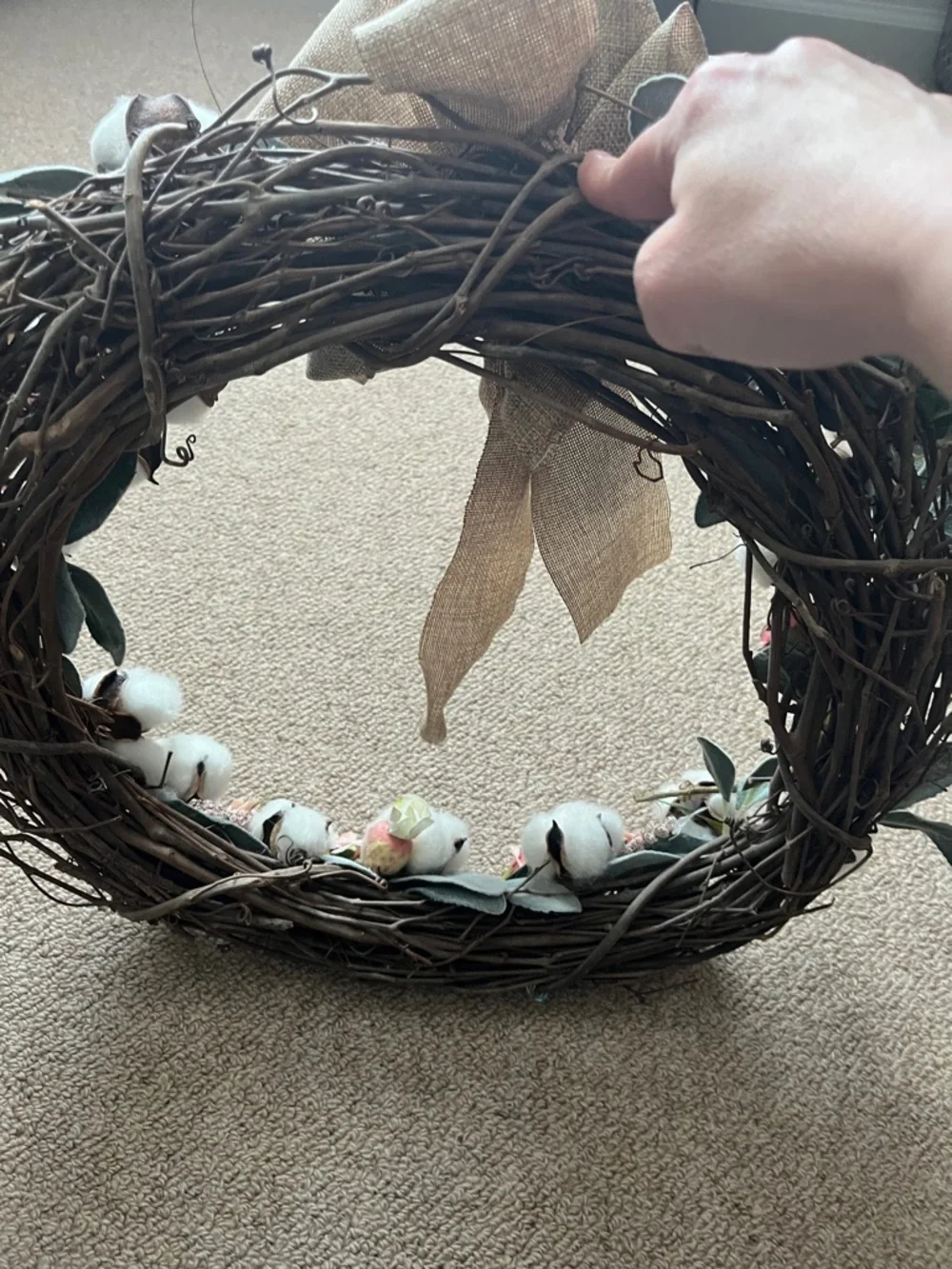 Cotton & Rose Spring Wreath with Burlap Bow